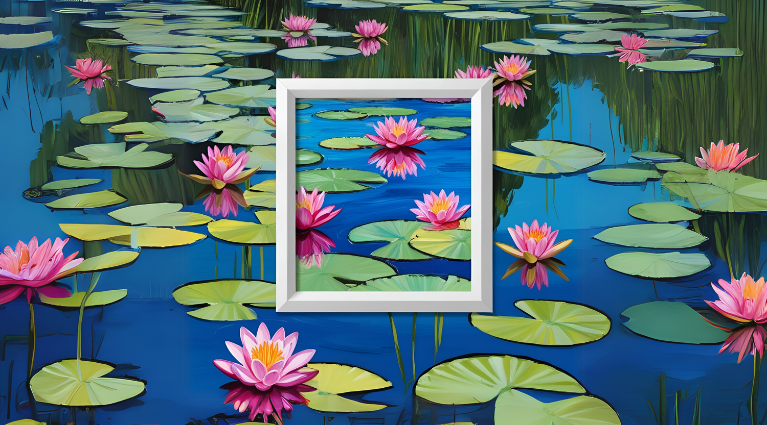 Monet Water Lilies print with a central canvas reflecting the surrounding lilies.